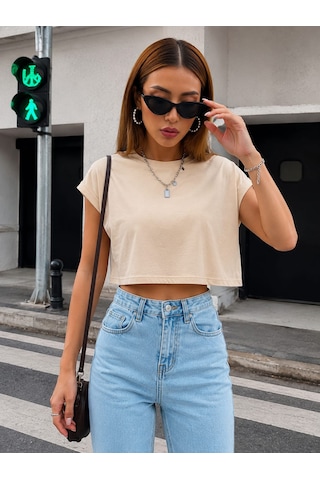 Bonnywıll Bonnywılll Bisiklet Yaka Düşük Kol Crop T-shırt Bej