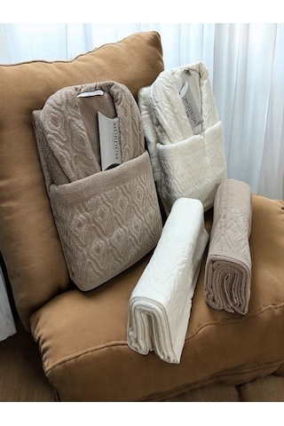 Banyo Çeyiz Seti, %100 Pamuk Bornoz Takımı, 8 Parça Aile Bornoz Seti, Havlu & Havlu Seti Bej-krem Bej