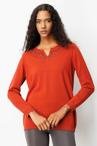 Desen Triko Sıfır Yaka Yakası Çiçek Nakış İşlemeli Kadın Bluz 25094 Kiremit