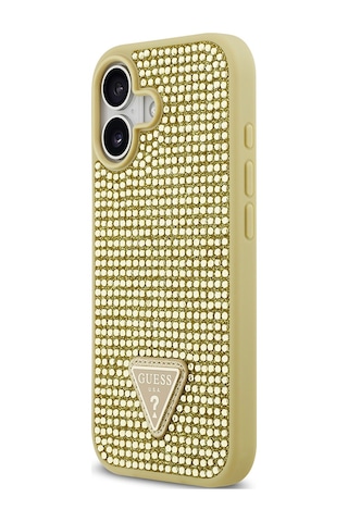 Apple Uyumlu iPhone 17 Kılıf Guess Lisanslı Taşlı Arka Yüzey Üçgen Logolu Kapak Gold