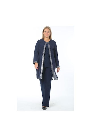 Büyük Beden 3552 Lacivert Ceket+Bluz+Pantolon Üçlü Takım Gümüş - Lacivert