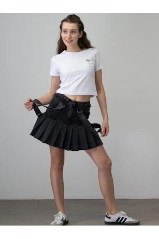 Kız Çocuk Askılı Pileli Tasarım Denim Etek-15535 Siyah