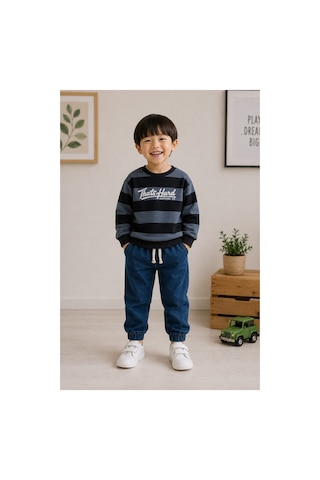 Minaminokids Erkek Çocuk Çizgili Sweatshirt Ve Kot Pantolon İkili Takım Siyah