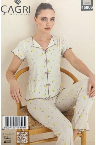 Çağrı Kadın %100 Pamuk Raporlu Fitilli Kısa Kollu Önü Düğmeli Pijama Takım Krem