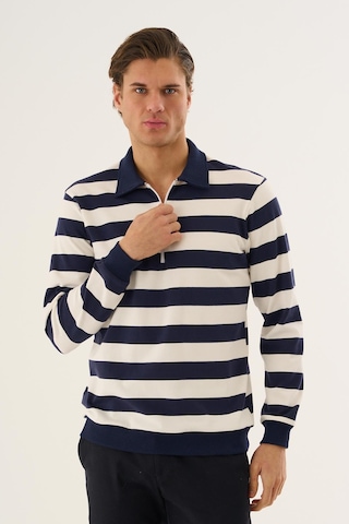 Çizgili Yarım Fermuarlı Polo Yaka Uzun Kollu Sweatshirt Lacivert
