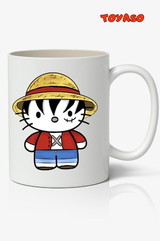 Hasır Şapkalı Luffy Hello Kitty One Piece Temalı Anime Beyaz Kupa Bardak Sevgiliye Arkadaşa Hediye Beyaz