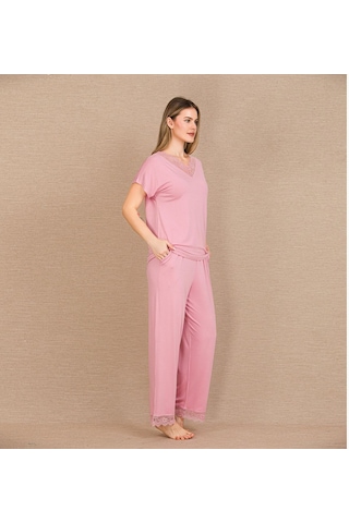 İkikareshop Viskon Şık Tasarım Dantel İşlemeli Pembe Kısa Kol Pijama Takımı Çok Renkli