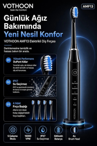 Şarjlı Diş Fırçası 15000 Vpm Titreşim Gücü, 500mah Batarya, 5 Temizlik Modu Siyah