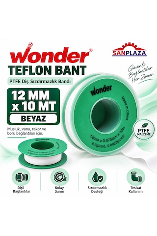 Sanplaza Wonder Teflon Bant 12 Mm X 10 Mt Ptfe Diş Sızdırmazlık Tesisat İzolasyon Bandı