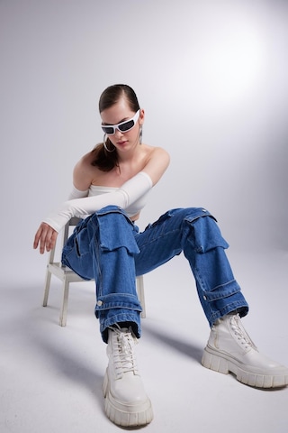 Holly Lolly Yüksek Bel Wide Leg Cargo Jean Pantolon Mavi