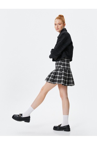 Koton Tüvit Pileli Mini Etek Slim Fit Siyah Ekose 4wal70034ıw Siyah Ekoseli Siyah