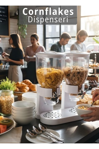 2 Li Cornflakes Dispenseri 7 L Çift Hazneli Müsli Granola Kuruyemiş Kahvaltı Tahılları Sunum Aparatı Beyaz