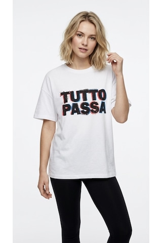 Hoxie Unisex Beyaz 'tutto Passa' Baskılı Oversize Tişört