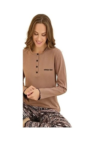 Mina Collection Kadın Pijama Takımı Uzun Kollu Yumuşak Dokulu E Kahve Rengı