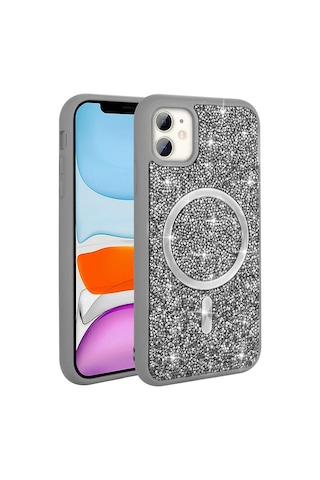 Apple Uyumlu iPhone 11 Uyumlu Kılıf Pırlanta Tasarımlı Magsafe Şarj Özellikli Zore Mozaik Silikon Kapak - Desert Gri -
