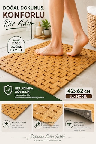 Lüx Model Bambu Kaydırmaz Banyo Paspası 42x62 Cm Suya Dayanıklı Doğal Bambu Zemin Matı Ahşap