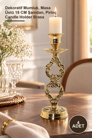 4 Adet Tekli Pirinç Şamdan Dekoratif Mumluk, Masa Üstü 18 Cm Şamdan, Pirinç Candle Holder Brass