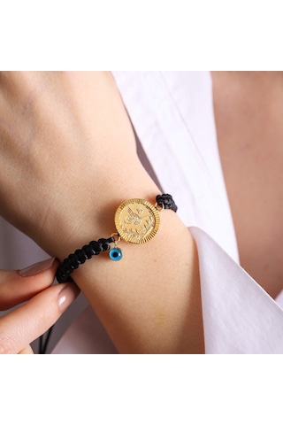 Çeyrek Reşat Altın Bileklik 14K Nazarboncuk (Siyah Ip) Sarı Altın