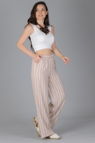 Sweetness Kadın Bej Çizgili Bol Paça Beli Lastikli Pantolon Bej