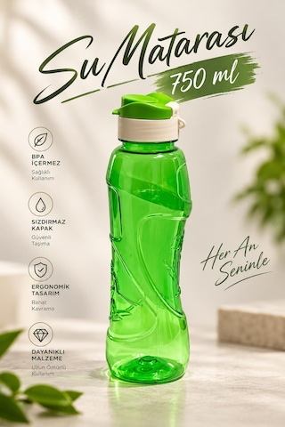 Su Matarası 750 Ml Yeşil Suluk Su Şişesi Okul Spor Tüm Renkler