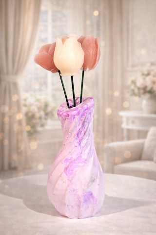 Princess Tulip-el Yapımı Dekoratif Mum Vazo Özel Tasarım Çiçek Detaylı Mum Mor-beyaz-pembe