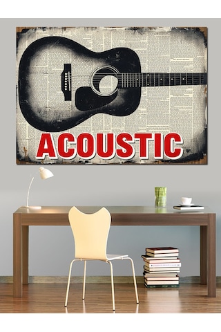 Akustik Gitar Müzik Yazısı Dekoratif Kanvas - Mdf Ahşap Tablo