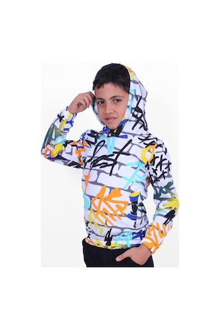 Beyaz Desenli Kapşonlu Unisex Sweatshirt Beyaz