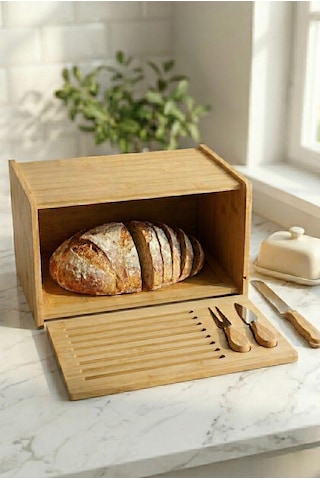 Doğal Bambu Kapaklı Ekmek Kutusu & Doğal Bambu Ekmek Dolabı 23x38x20 Cm Siyah