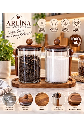 İkili 1000 Ml Akasya Kapaklı Kaşıklı Akasya Standlı Cam Kavanoz Seti Haki