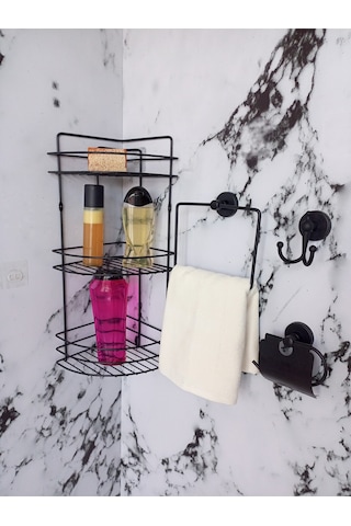 Yapışkanlı Banyo Aksesuar Seti 3 Katlı Eko Şampuanlık,kare Havluluk,tuvalet Kağıtlığı, Bornozluk Siyah