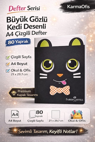Kedi Desenli A4 Çizgili Defter 80 Yaprak 1 Adet Siyah Büyük Gözlü Tasarım