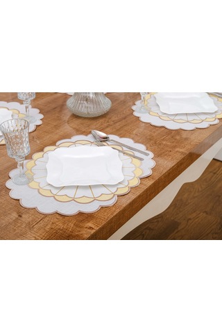 Finezza Mila Nakışlı Keten Efekt Kumaş Krem Sarı A.Servis 33x45 cm 4 Ad.-1392 Krem