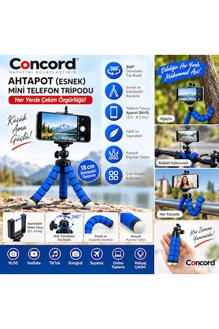 Concord Ahtapot Esnek Mini Telefon Tripodu - 360 Döner Başlıklı - 18 Cm Vlogging & Tiktok Çekim Ayak Mavi