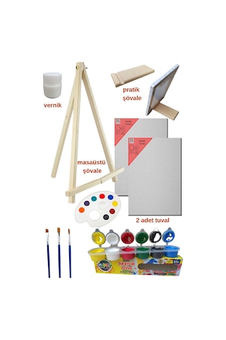 Masaüstü Şövaleli Resim Boya Başlangıç Seti, 2 Tuval, 6lı Boya, Palet, Vernik. Şövalye