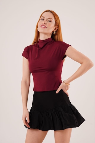 Boğazlı Parlak Kumaş Bordo Crop Bordo