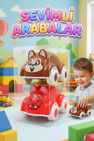Sevimli Hayvan Arabalar 2'li Renkli Farklı Hayvan Şekilli Eğlenceli Oyuncak Araba Seti Çok Renkli