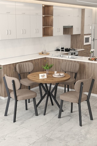 Gnr 90cm Sabit Atlantik Mutfak Masası Takımı, Yemek Masası, 4 Modern Cappucino Sandalye Cappuccino
