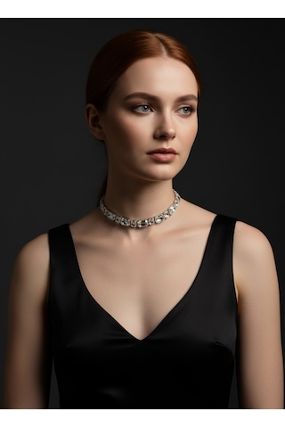 Valmont Accessories Kadın Gümüş Renk Baget Taşlı Choker Kolye