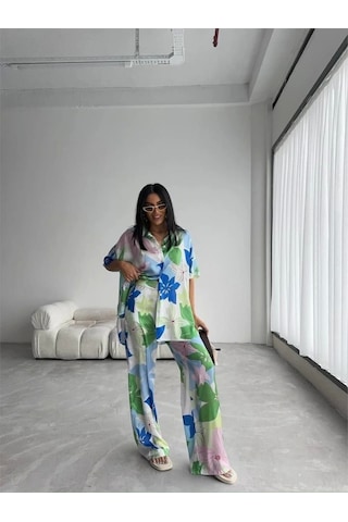 Defymoda Yeşil Büyük Çiçek Desen Saten Gömlek-pantolon Takım - Yeşil Yeşil