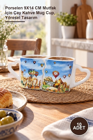 10 Adet Yöresel Kupa Bardak Porselen 9x14 Cm Mutfak İçin Çay Kahve Mug Cup, Yöresel Tasarım