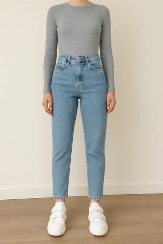 Woddi Kadın Likralı Mom Mavi Kar Yıkama Jean Kot Pantolon-3 Taş1