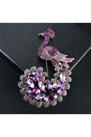 Güzel Hayvan Broşları Mor Tavukat Tavuskuşu Broş Pin Rhinestone Kristalleri Çok Renkli