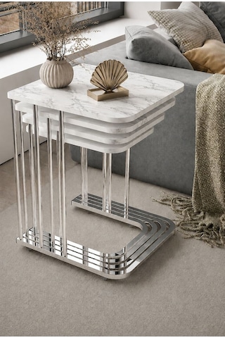 Renlife Zigon Sehpa Takımı 4'lü Metal Tekerlekli Mdf Modern Salon Oturma Odası Sehpası Krom Beyazmermer Krom Beyaz Mermer