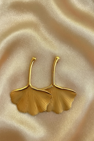 Şehrazat Handmade Gold Çelik Yaprak Gingko Küpe Gümüş