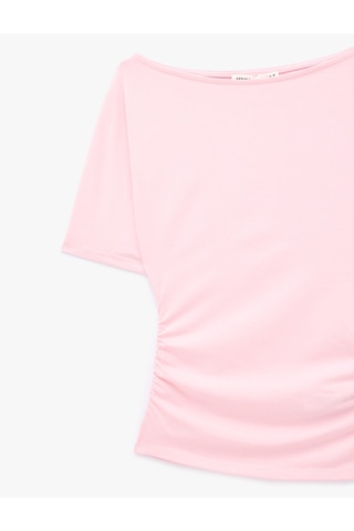 Koton Slim Fit Drape Detaylı Omzu Açık Kayık Yaka Tişört Pembe 6sak50414ek Gül