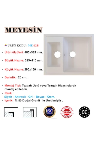 Meyesin ME-62B Granit 1.5 Göz Mutfak Evyesi Beyaz 485 x 595 MM