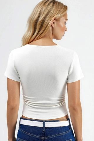 Hiccup Drape Detaylı Fitted Esnek Örme Bluz Beyaz