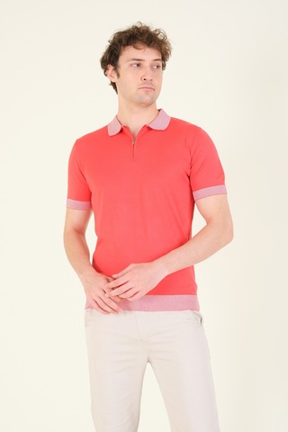 Giyim Dünyası Erkek Renkli Yaka Yarım Fermuarlı Polo Yaka Merserize T-shirt Mercan 001