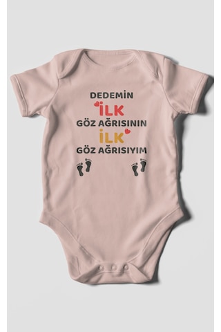Dedemin İlk Göz Ağrısıyım Baskılı Bebek Zıbını Çıtçıtlı Body %100 Pamuk Kısa Kol Pastel Pembe