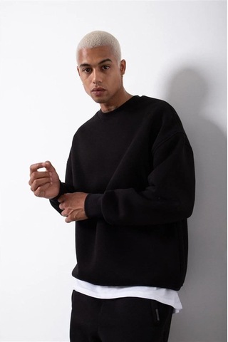 Luz&pos Erkek Biskilet Yaka Üç İplik Sweatshirt - Siyah Siyah
